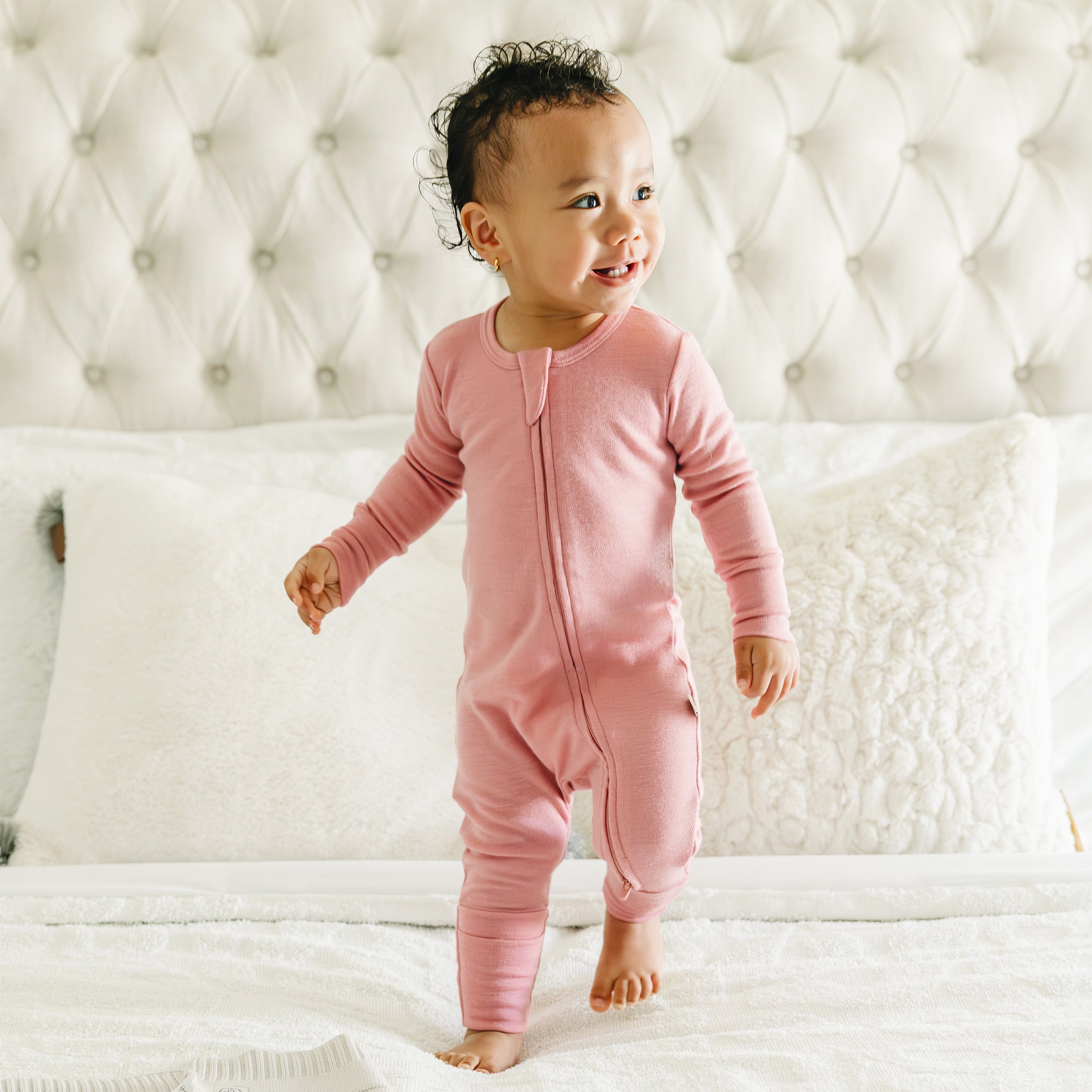 Alternative view of Convertible Baby Romper, Footless Pajamas, Merino Wool, Blush